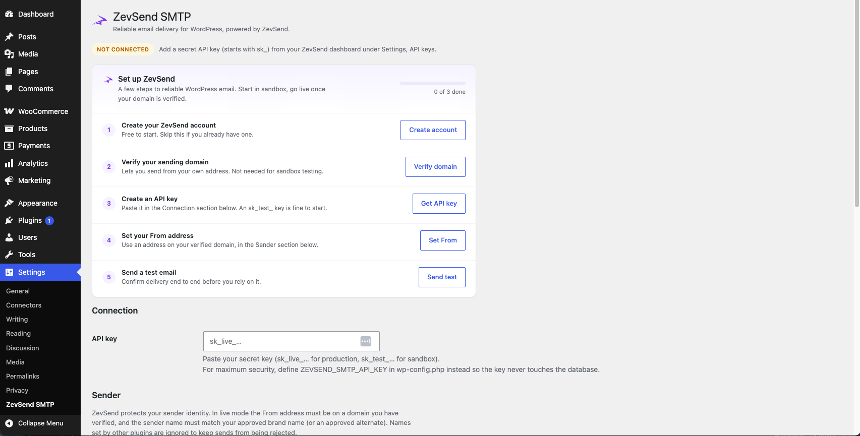 Guided setup on the ZevSend SMTP settings screen, with connection status, progress, and the API key field.