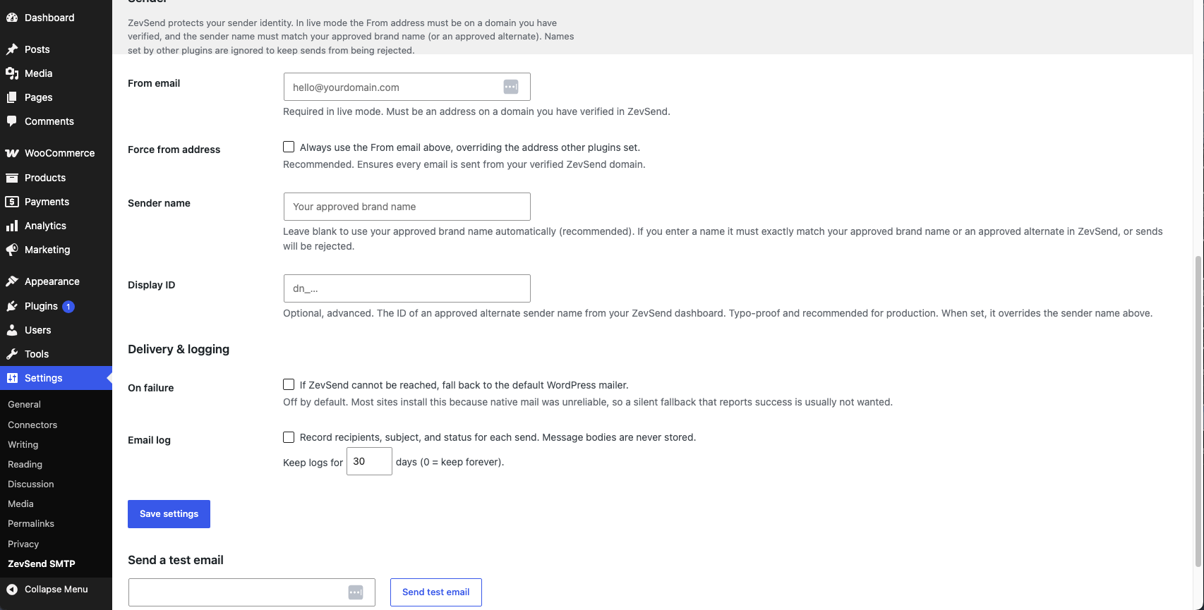 Sender identity, delivery and logging options, and the built-in test email button.