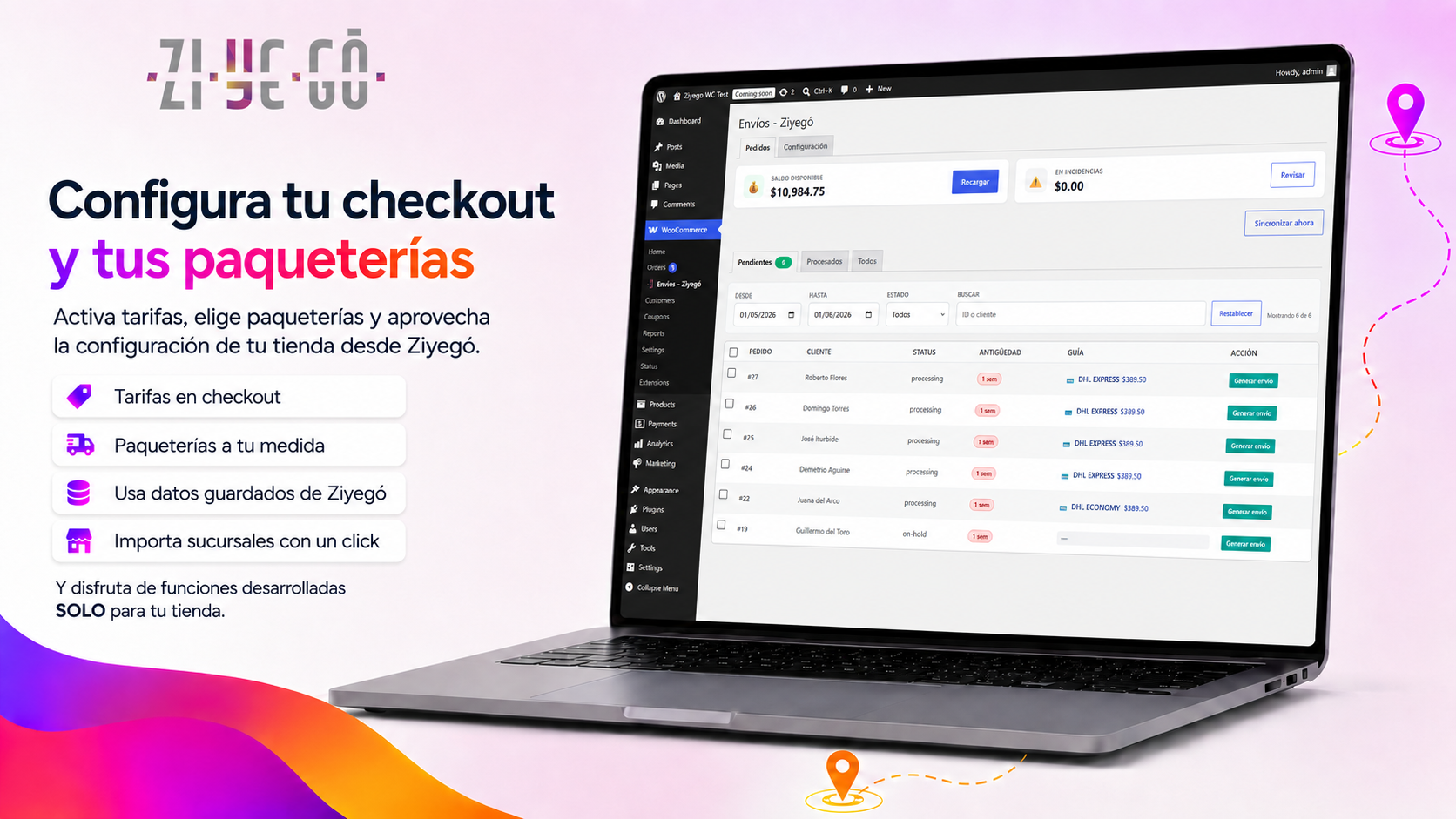 Orders panel — pending orders, paid shipping badge, and balance tiles for quick context.