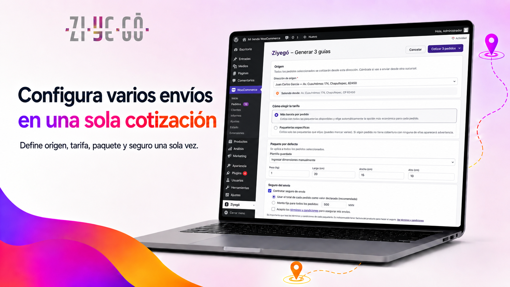 Configuration — checkout visibility, zone management, carriers with margin per service.
