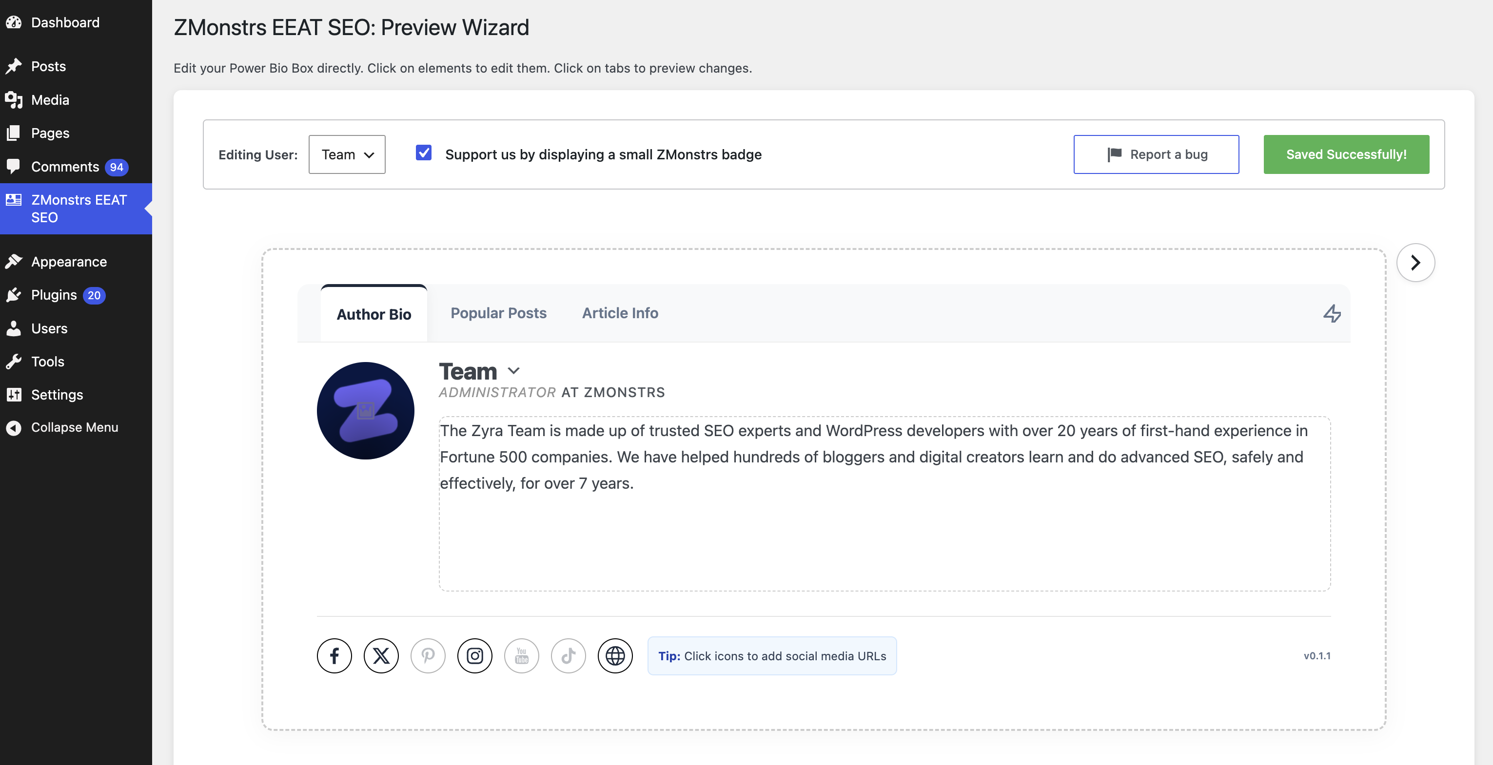 Set everything up visually inside WordPress, no code. The Preview Wizard edits your author profile and box appearance with a live, real-time preview of exactly what visitors will see.