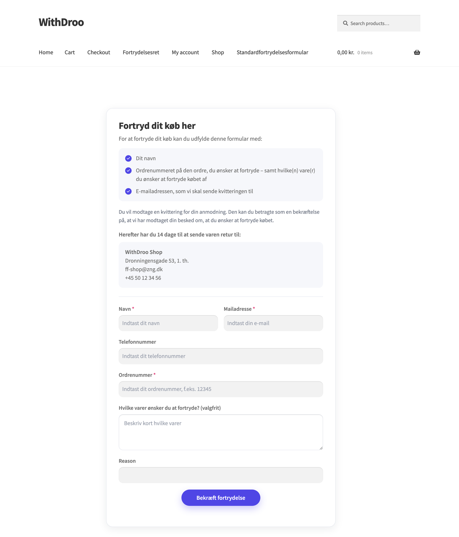 The "Fortryd dit køb" withdrawal-request form.