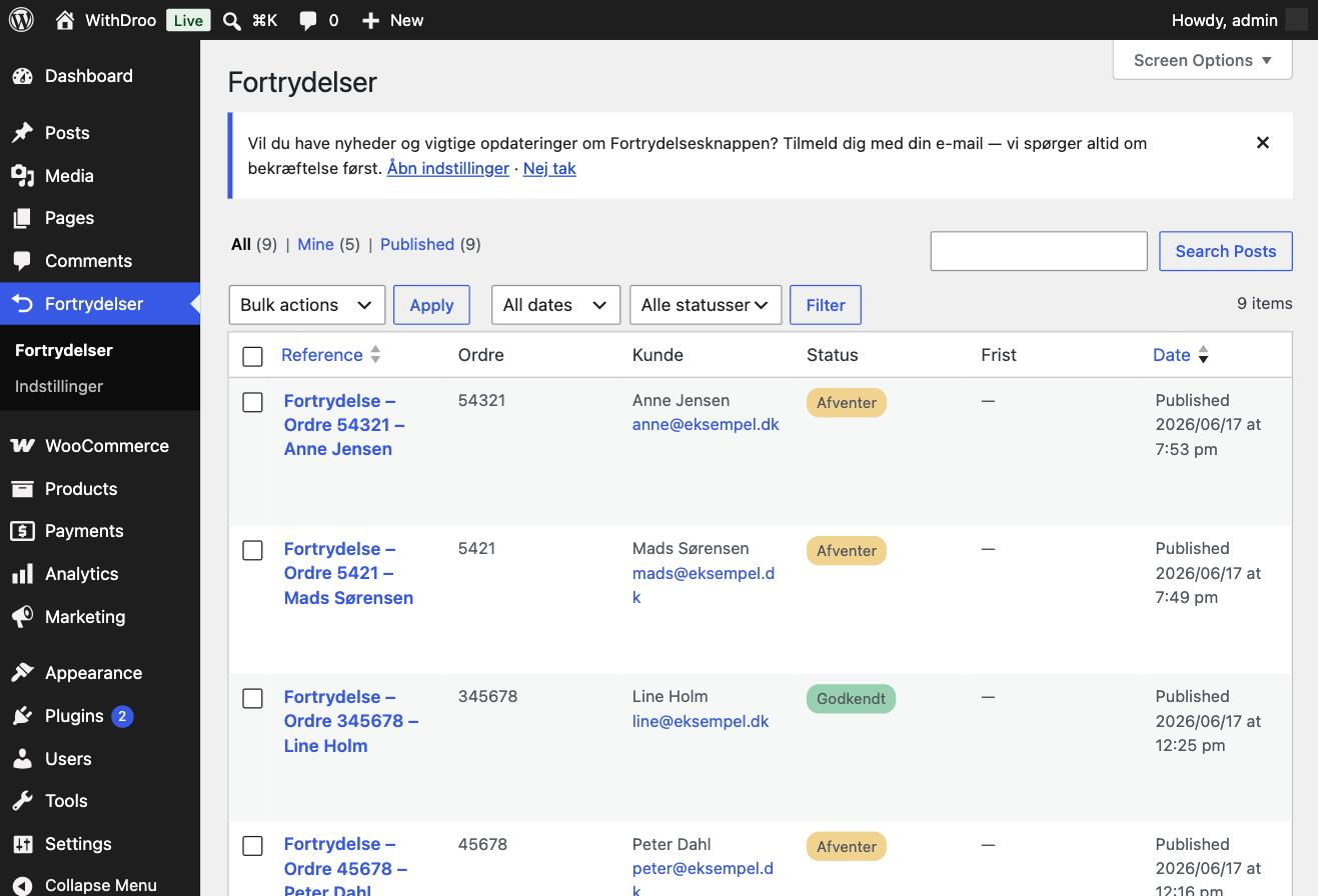 The admin list of withdrawal requests with status.