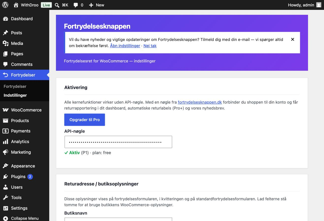 The settings screen (Fortrydelser → Indstillinger).