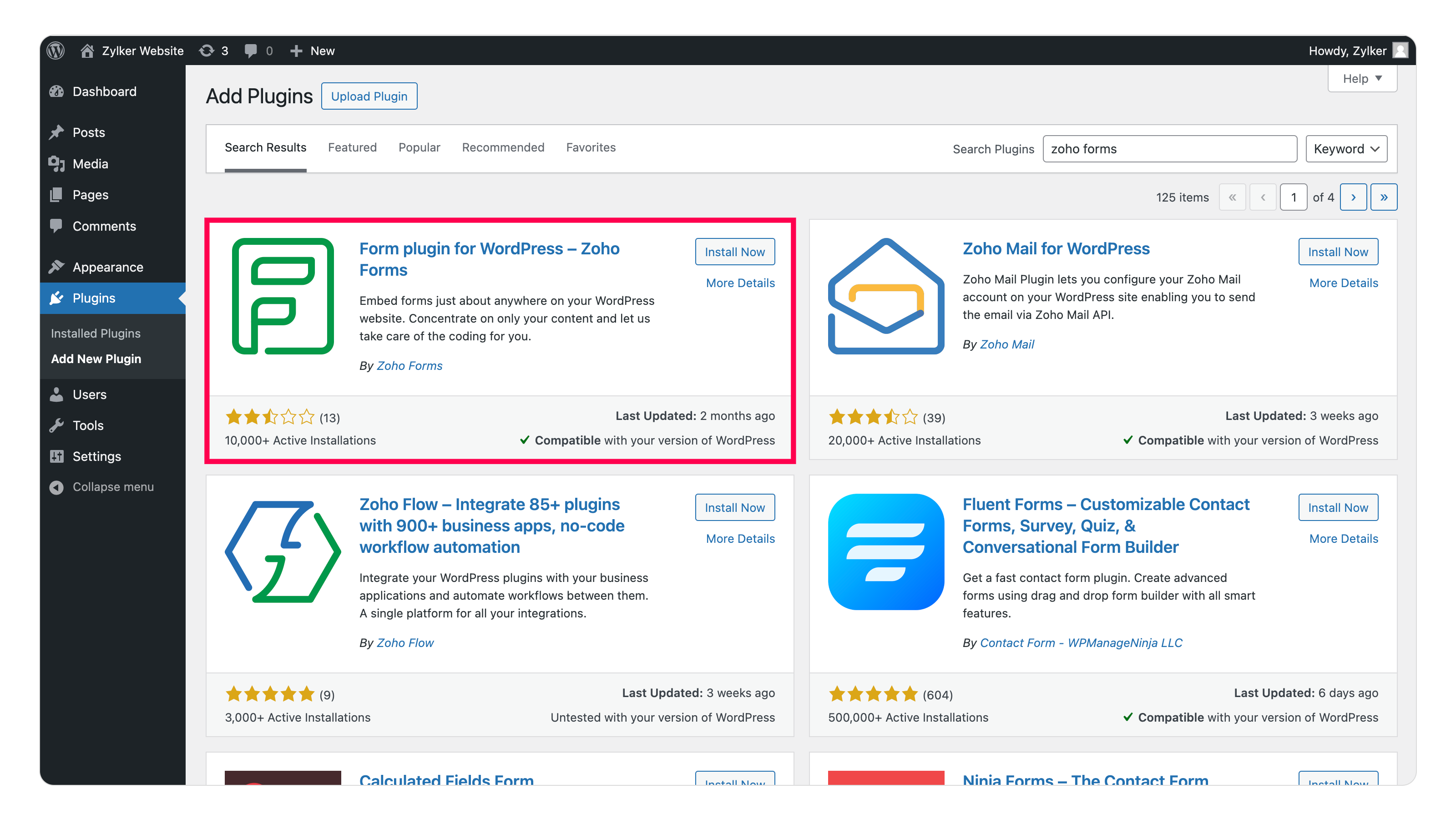Search for <strong>Zoho Forms</strong> in the plugin search bar and then click on <strong>Install Now</strong> and <strong>Activate</strong> the plugin.