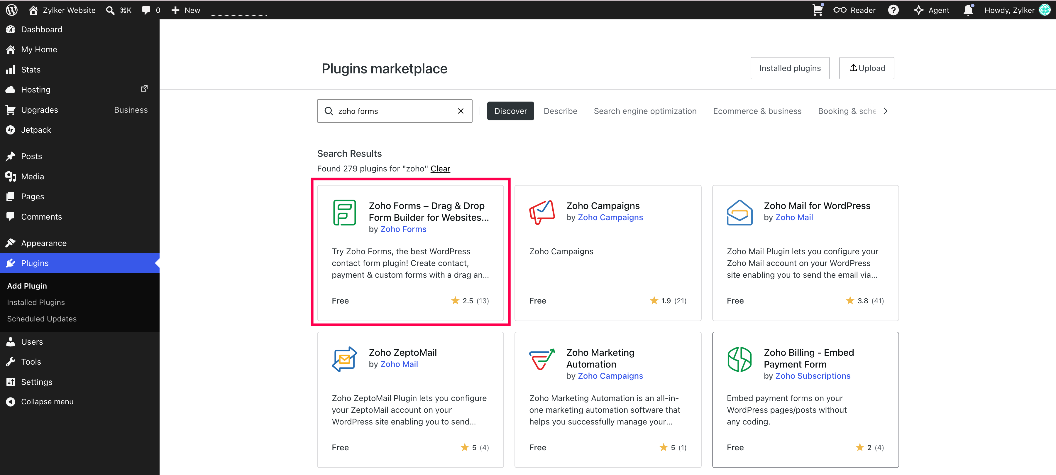 Search for <strong>Zoho Forms</strong> in the plugin search bar and then click on plugin and click <strong>Install and Activate</strong> button.
