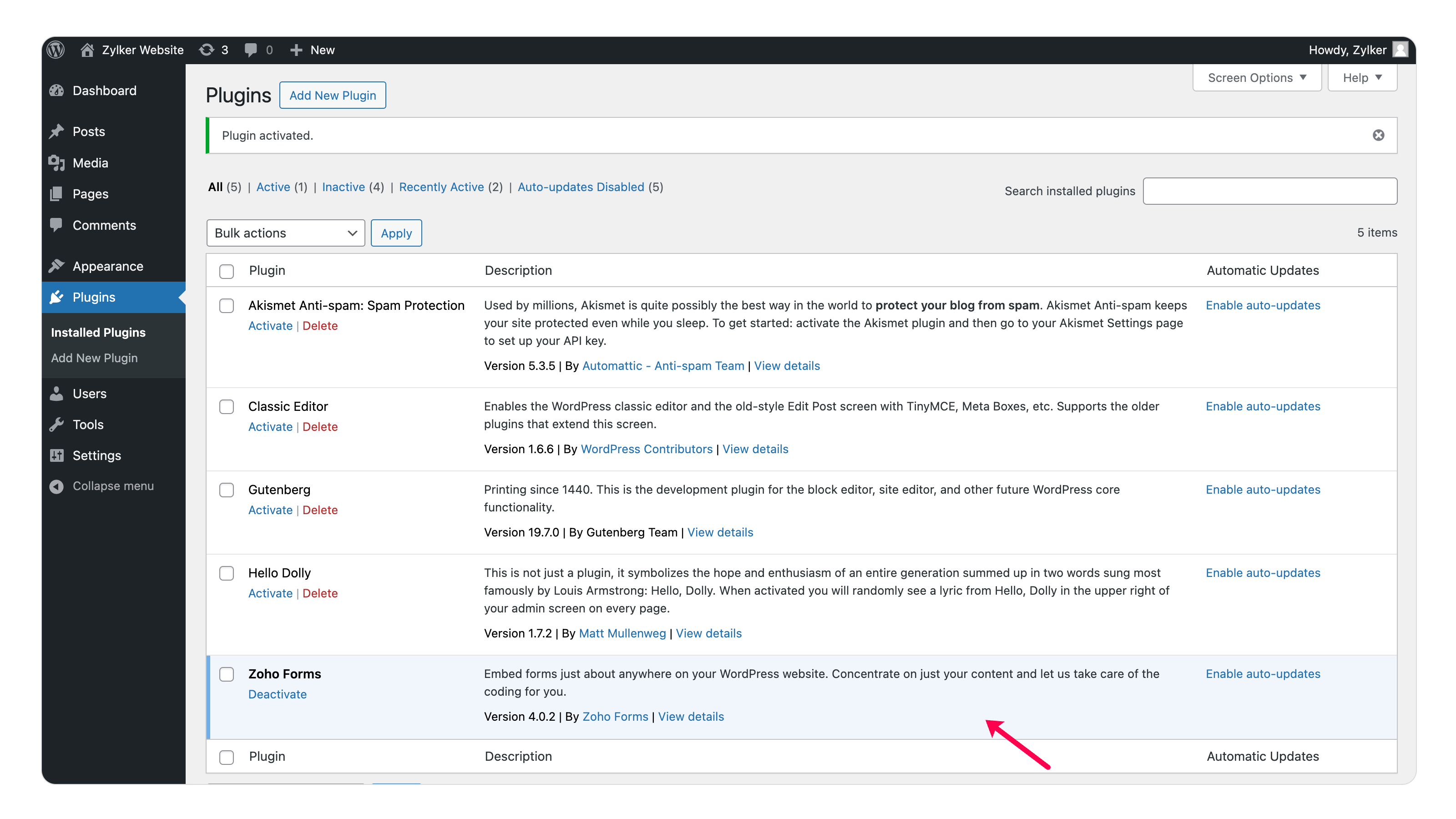 You can then find Zoho Forms under the <strong>Installed Plugins</strong> section.