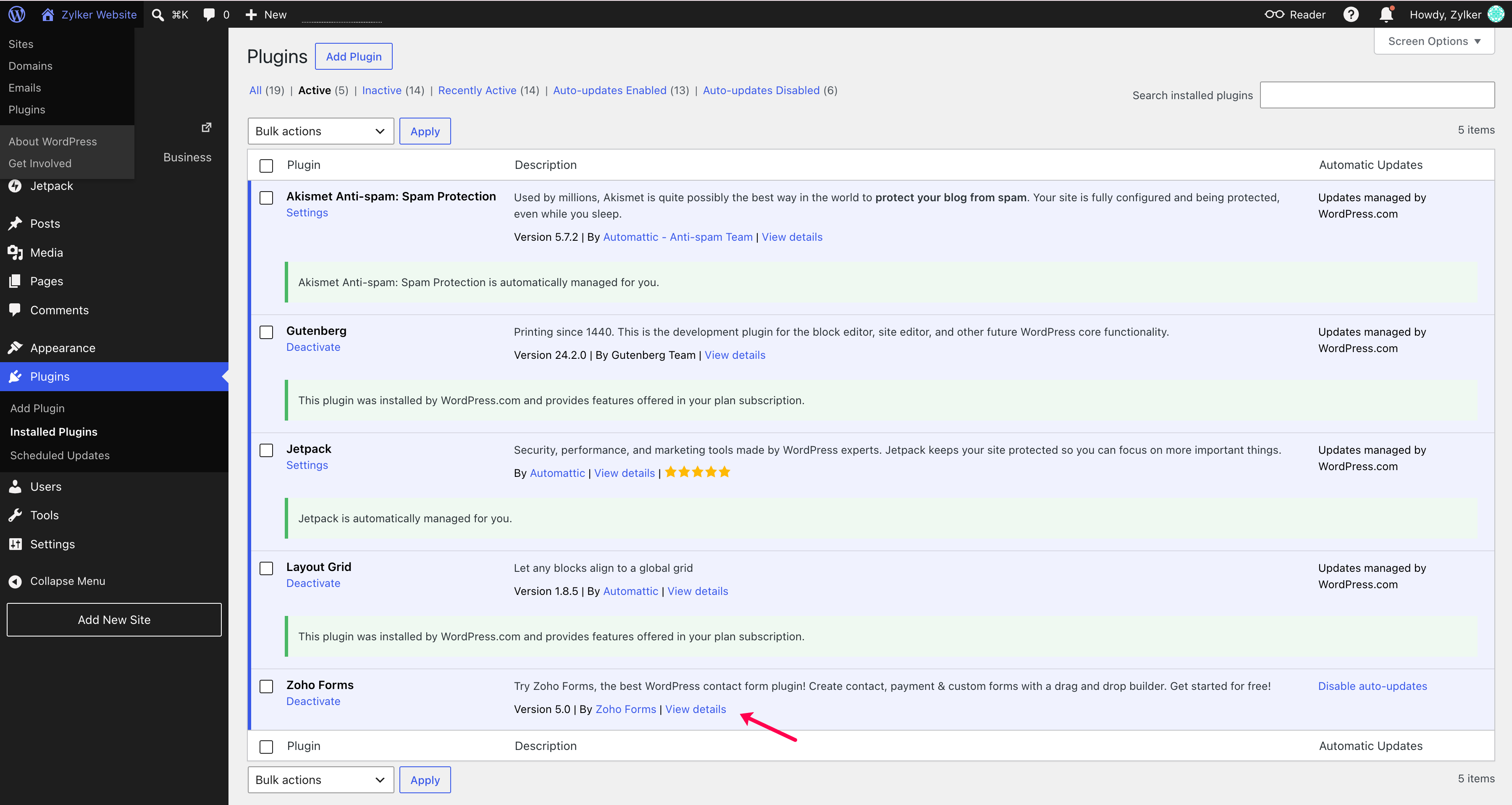 You can then find Zoho Forms under the <strong>Installed Plugins</strong> section.