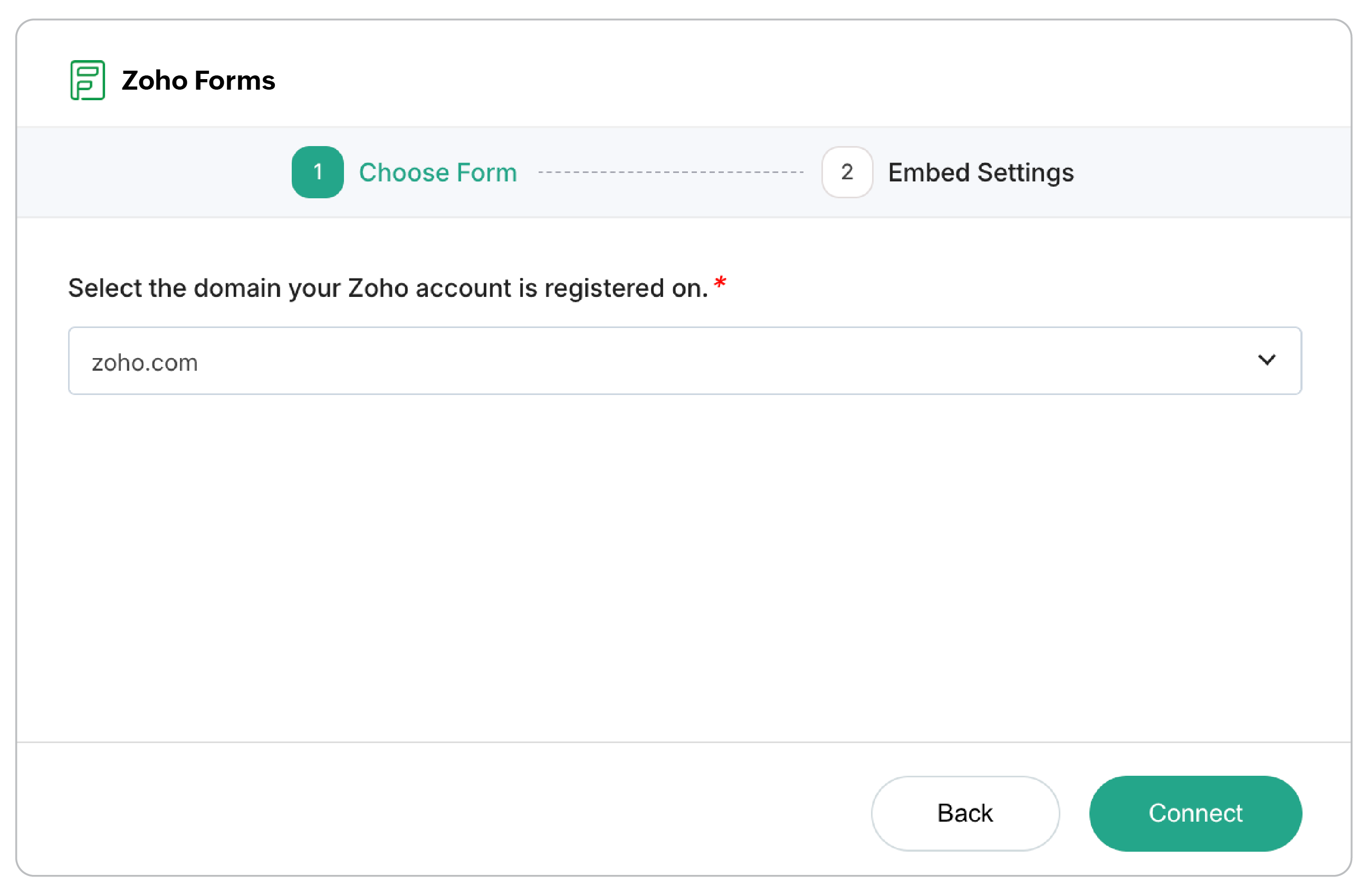 Select the domain your Zoho account is registered on and click <strong>Connect</strong>.