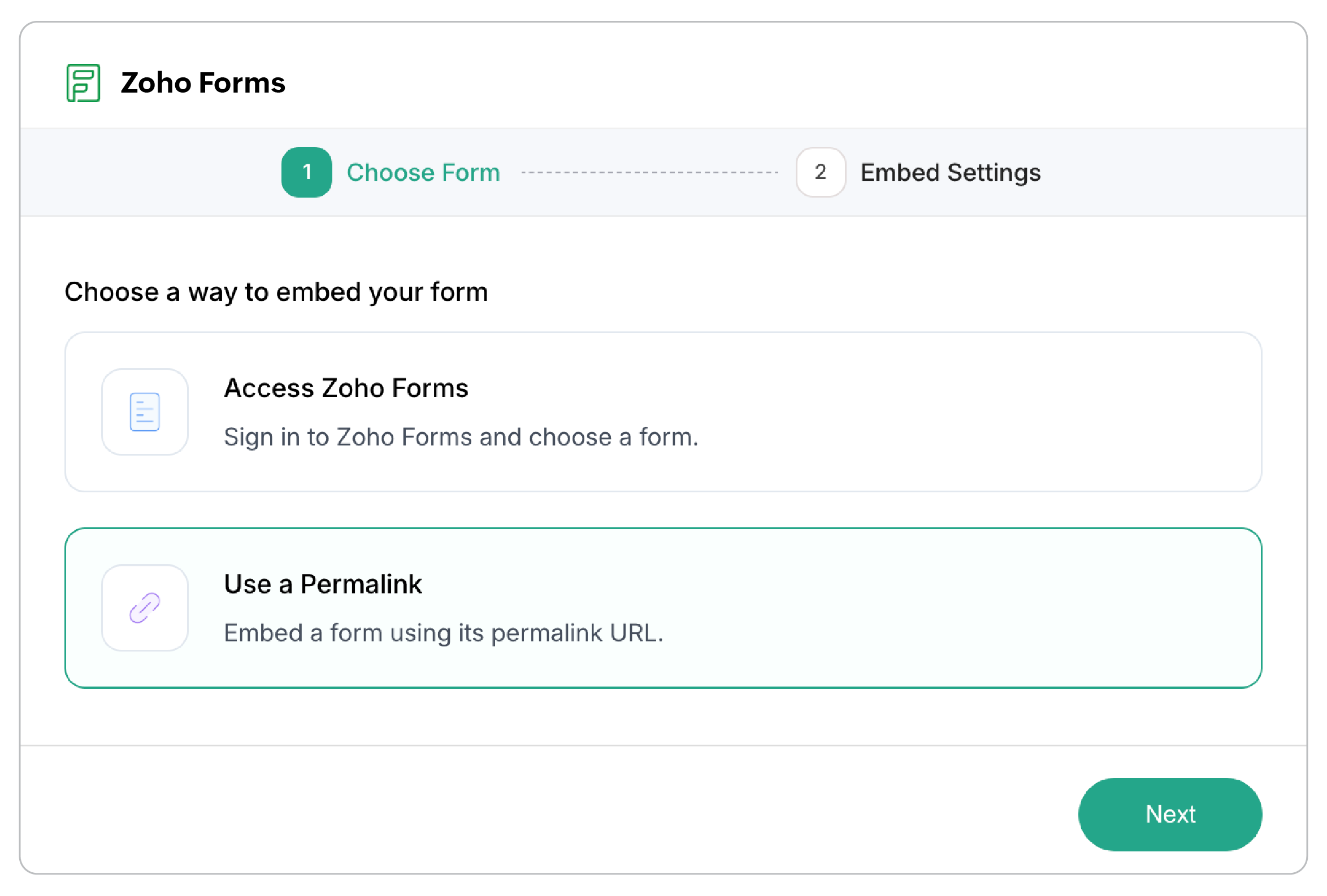 Click <strong>Use a Permalink</strong> to embed a form using its permalink without signing in. Then click <strong>Next</strong>.