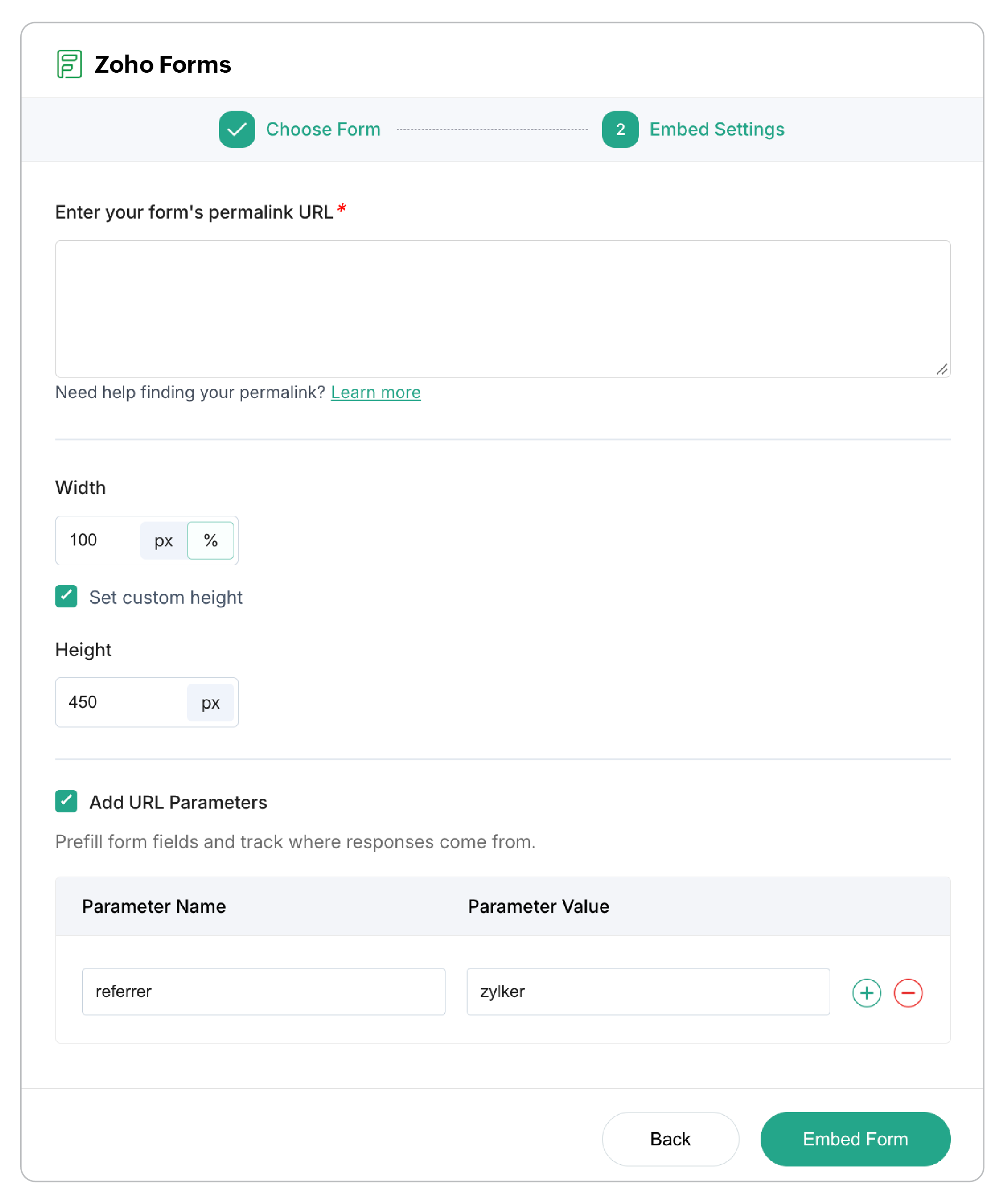 Enter your form’s permalink in the field provided and set the width of the form container in <strong>px</strong> or <strong>%</strong>. The height adjusts automatically based on the number of form fields. To set a fixed height instead, select <strong>Set custom height</strong> and enter the height in <strong>px</strong>. You can also add <strong>parameters</strong> to your form’s URL to track form submissions or prefill form fields.