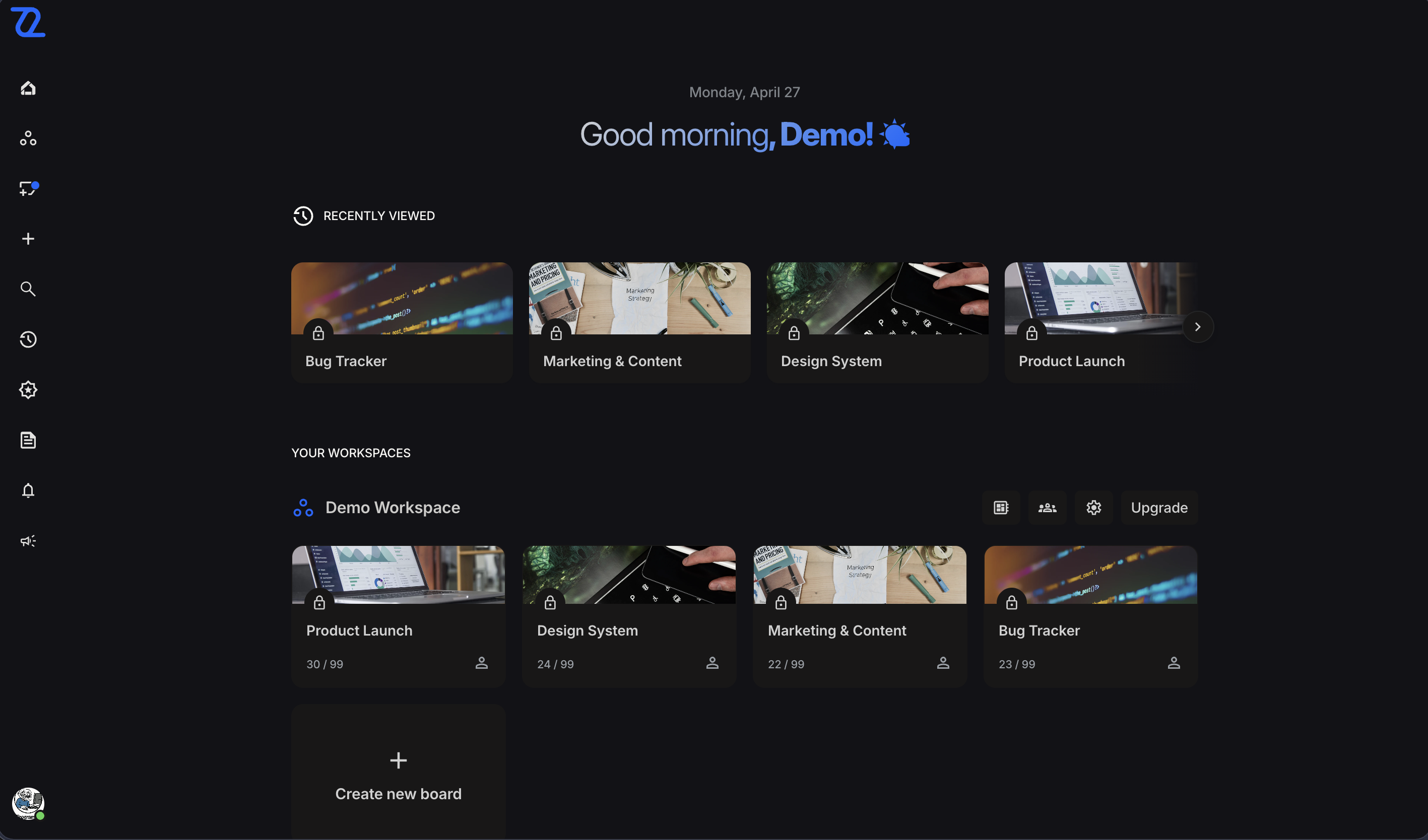 Home dashboard — greeting, starred boards, and recently viewed boards carousel inside wp-admin.