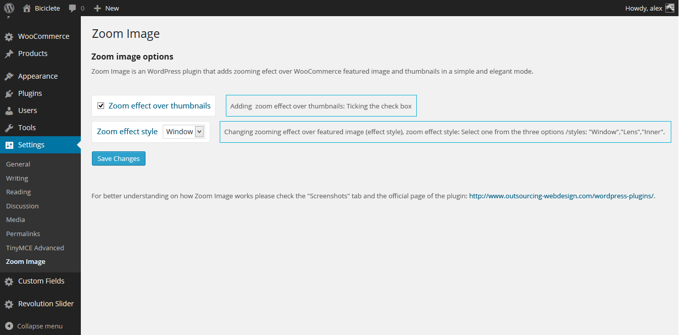 Zoom Image Settings page