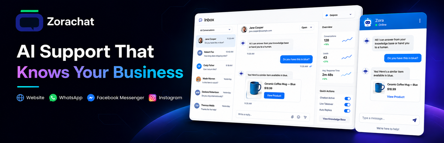 WordPress 外掛 Zorachat – AI Chatbot, Live Chat & WooCommerce Assistant, Meta Support 的封面圖片