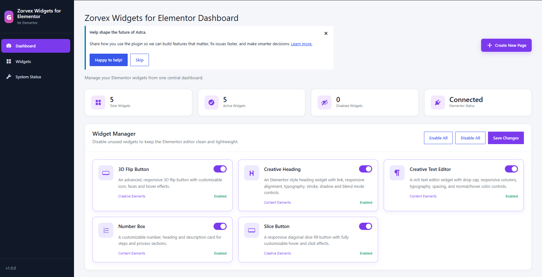 Zorvex Widgets for Elementor widget management dashboard.