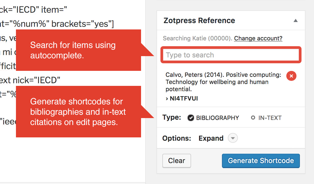 Search for items and generate shortcodes for bibliographies and in-text citations using the 