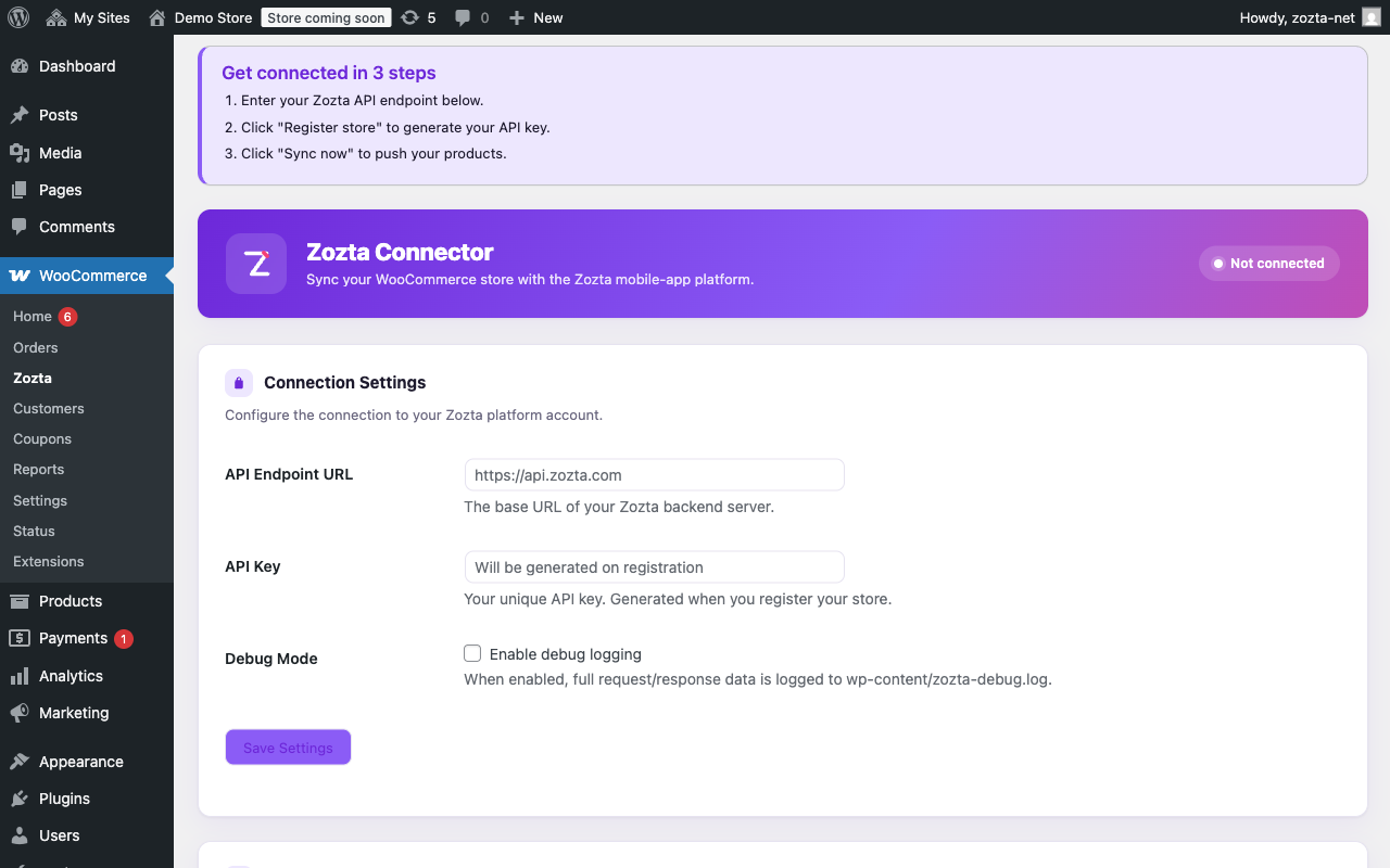 The Zozta settings page with guided onboarding.