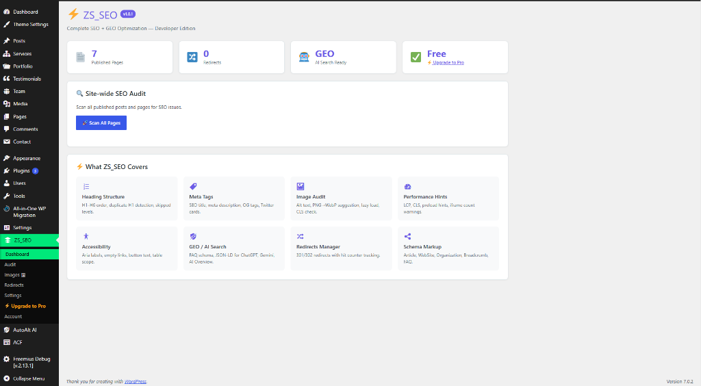 Dashboard with site-wide scan and feature guides