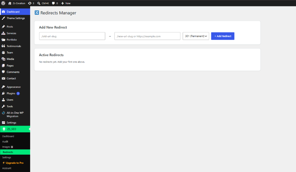 Redirects Manager with 301/302 link setup