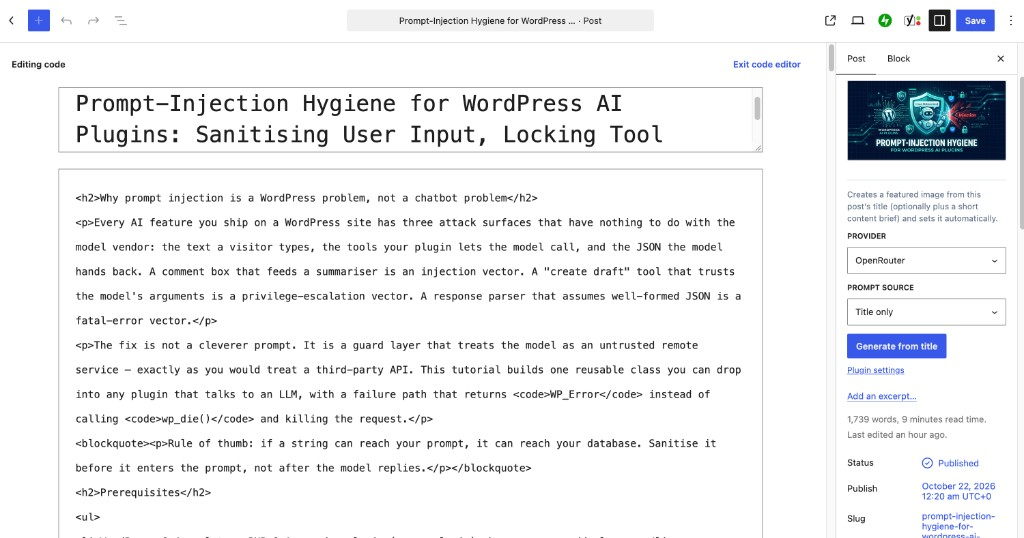 Block editor — generated featured image with Generate from title in the sidebar