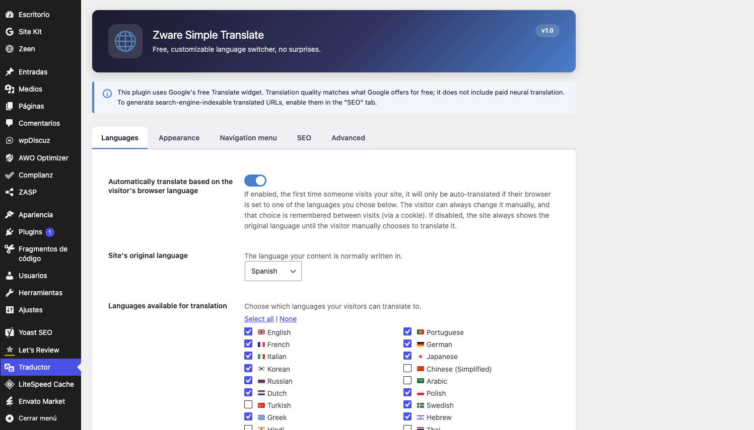 Languages tab: choose which languages appear in the switcher.