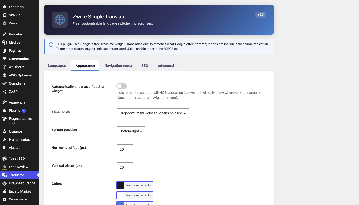 Appearance tab: customize style, position, colors, and size.
