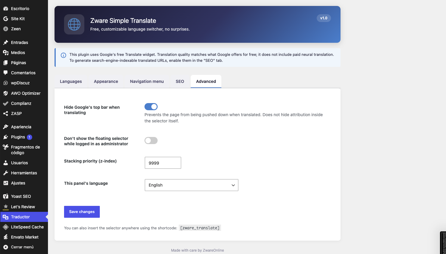 Advanced tab: Google bar visibility, stacking priority, and admin-panel language.