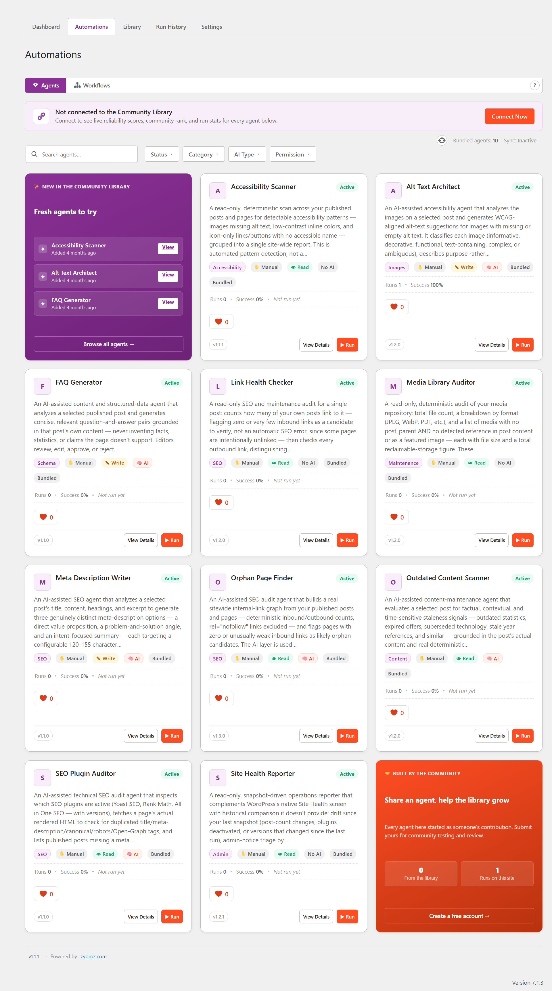 Automations dashboard - 10 bundled AI agents for WordPress with live status, run counts, and one-click Run.