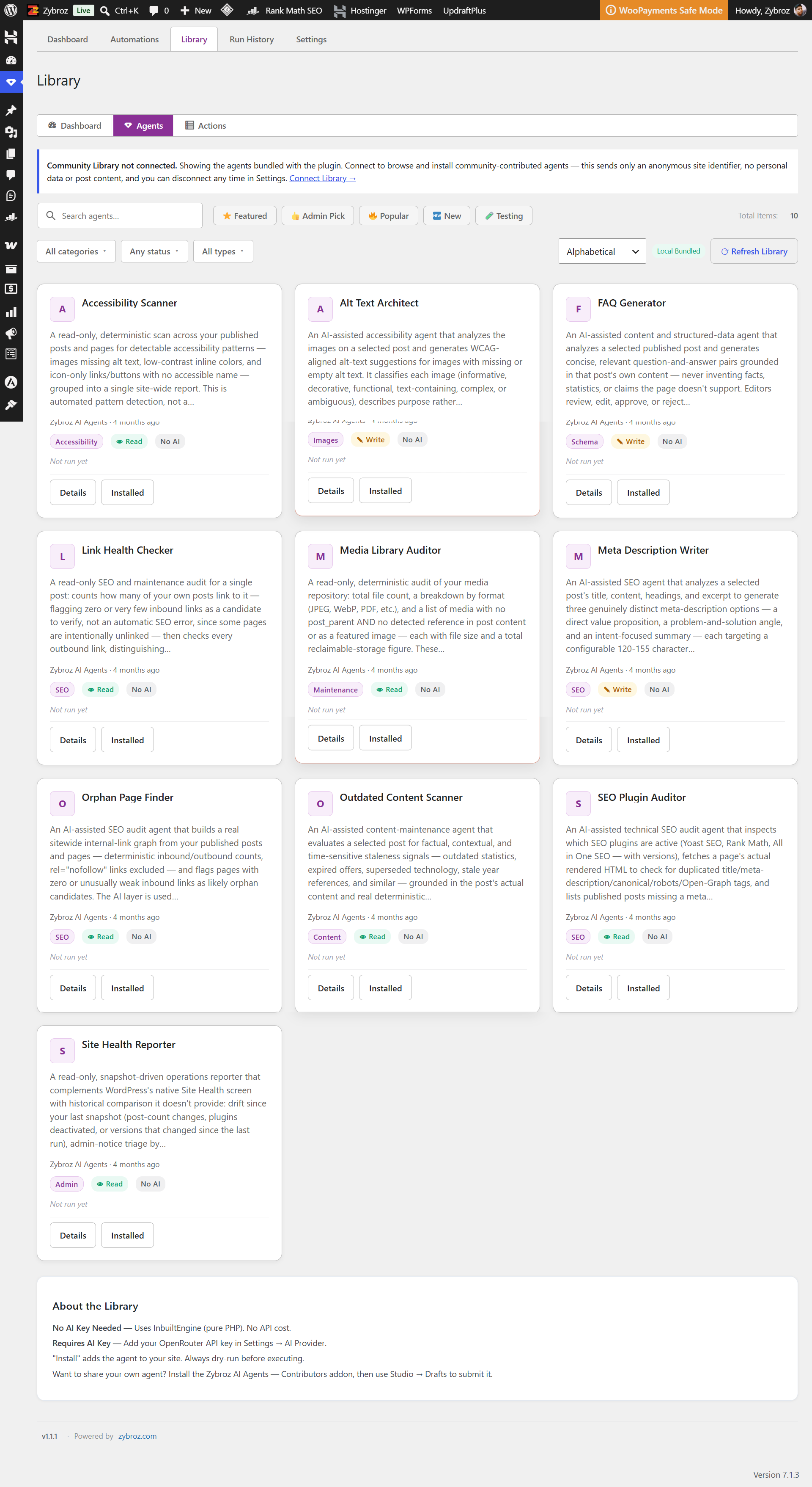 Agent Library - browse bundled AI agents by category (SEO, Accessibility, Content, Admin).